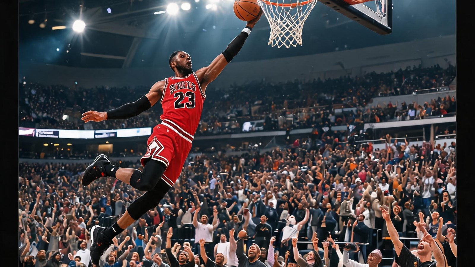MKSports 精彩回放界面，篮球运动员扣篮瞬间，背景是欢呼的观众，画面明亮动感